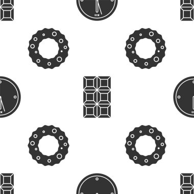 Saati, çikolatayı ve Noel çelengini pürüzsüz desenlere göre ayarla. Vektör