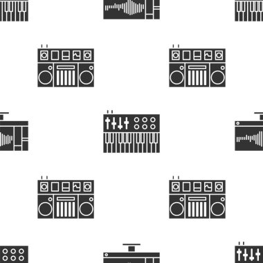Set Sound or audio recorder on monitor, Music synthesizer and DJ remote for playing and mixing music on seamless pattern. Vector