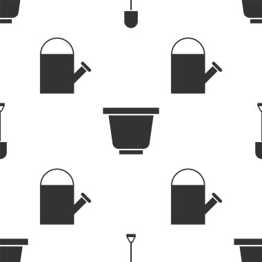 Kürek, saksı ve sulama kutusunu kusursuz desenlere ayarlayın. Vektör