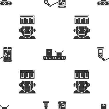 Endüstriyel makine robot kolu, karton kutulu taşıyıcı bant ve kusursuz desenli robot ayarlayın. Vektör