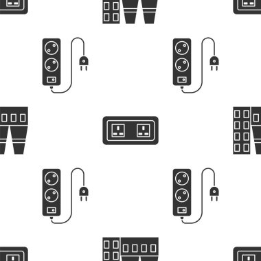 Elektrik santrali ve fabrika, elektrik prizi ve elektrik uzatma kablosunu pürüzsüz şablona ayarlayın. Vektör