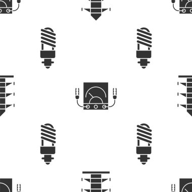Yüksek voltajlı elektrik direği hattı, ampere ölçer, multimetre, voltmetre ve LED ampulü pürüzsüz desene ayarlayın. Vektör