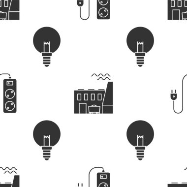 Elektrik uzatma kablosunu, kömür santralini, fabrikayı ve ampulü pürüzsüz desene ayarlayın. Vektör