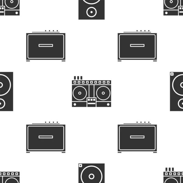 Set Stereo speaker, DJ remote for playing and mixing music and Guitar amplifier on seamless pattern. Vector — Stock Vector