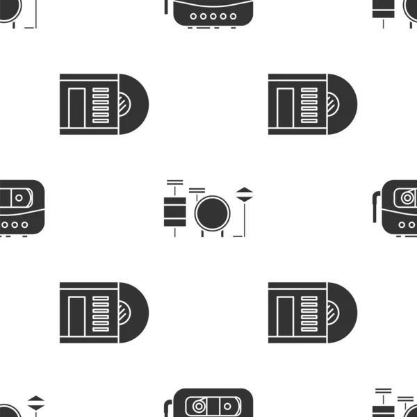 Set Music tape player, Drums and Vinyl disk on seamless pattern. Vector — Stock Vector