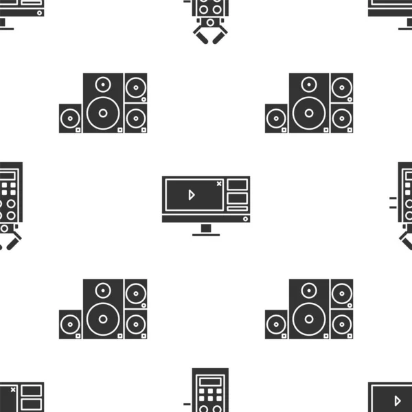 Stellen Sie Mikrofon, Videorecorder oder Editor-Software auf Monitor und Stereo-Lautsprecher auf ein nahtloses Muster. Vektor — Stockvektor