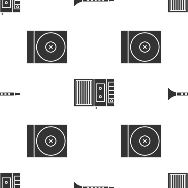 Set Clarinet, Music tape player and CD or DVD disk on seamless pattern. Vector — Stock Vector