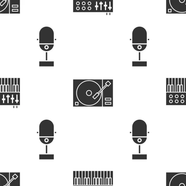 음악 합성 장치, 비닐 디스크를 장착 한 비닐 플레이어, 나사없는 패턴의 마이크로폰을 설치 한다. Vector — 스톡 벡터