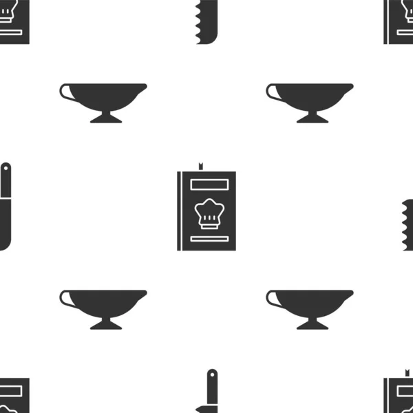 Set Bread knife, Cookbook and Sauce boat on seamless pattern. Vector — Stock Vector