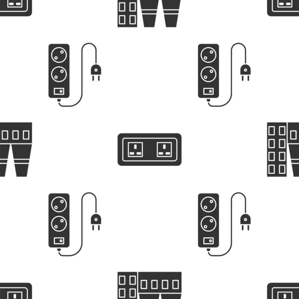 Set Power station plant and factory, Electrical outlet and Electric extension cord on seamless pattern. Vector — Stock Vector