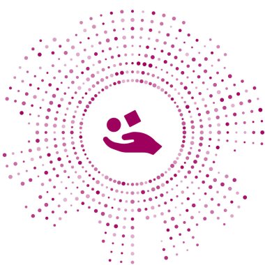 Mor Küp, beyaz arka planda, el simgesinin üzerinde yükseliyor. Havalanma sembolü. Soyut çember rastgele noktalar. Vektör İllüstrasyonu