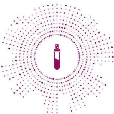 Beyaz arka planda izole edilmiş aşk iksiri ikonu olan mor şişe. Sevgililer Günü sembolü. Soyut çember rastgele noktalar. Vektör İllüstrasyonu