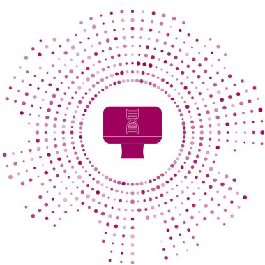 Mor DNA sarmalı ve bilgisayar monitörü ikonu beyaz arkaplanda izole edilmiş. Poligonal tıbbi teknoloji araştırma ağı sanatı. Soyut çember rastgele noktalar. Vektör İllüstrasyonu