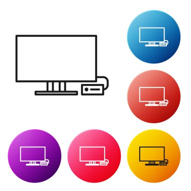 Siyah çizgi Akıllı TV simgesi beyaz arkaplanda izole edildi. Televizyon tabelası. Renkli daire düğmelerini ayarlayın. Vektör İllüstrasyonu