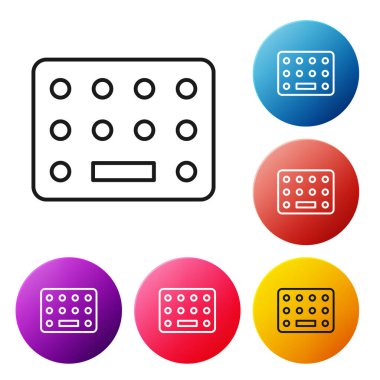 Siyah çizgili haplar beyaz arka planda izole edilmiş. İlaç paketi. Tablet, vitamin, antibiyotik, aspirin. Renkli daire düğmelerini ayarlayın. Vektör İllüstrasyonu