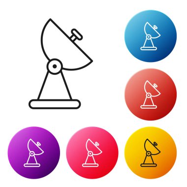 Siyah çizgi Radar simgesi beyaz arkaplanda izole edildi. Arama sistemi. Uydu sinyali. Renkli daire düğmelerini ayarlayın. Vektör İllüstrasyonu