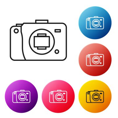 Siyah çizgi aynasız kamera simgesi beyaz arkaplanda izole edildi. Fotoğraf makinesi simgesi. Renkli daire düğmelerini ayarlayın. Vektör İllüstrasyonu