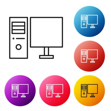 Siyah çizgi bilgisayar monitörü simgesi beyaz arkaplanda izole edildi. Bilgisayar bileşeni işareti. Renkli daire düğmelerini ayarlayın. Vektör İllüstrasyonu