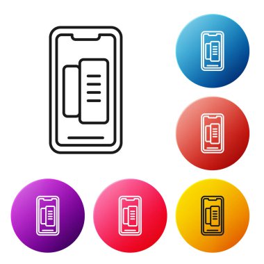 Siyah çizgi Akıllı Telefon, beyaz arkaplanda izole edilmiş cep telefonu simgesi. Renkli daire düğmelerini ayarlayın. Vektör İllüstrasyonu