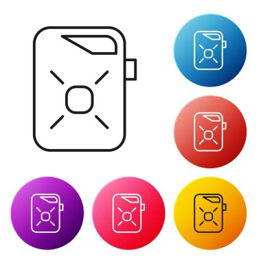 Beyaz arka planda izole edilmiş motor makine yağı ikonu için siyah çizgi kutusu. Benzin bidonu. Yağ değiştirme ve onarım servisi. Motor yağı işareti. Renkli daire düğmelerini ayarlayın. Vektör İllüstrasyonu