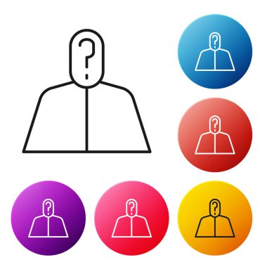 Siyah çizgi üzerinde soru işareti simgesi olan isimsiz bir adam beyaz arka planda izole edilmiş. Bilinmeyen kullanıcı, gizli kimlik profili, iş gizliliği, bilinmezlik. Renkli daire düğmelerini ayarlayın. Vektör İllüstrasyonu