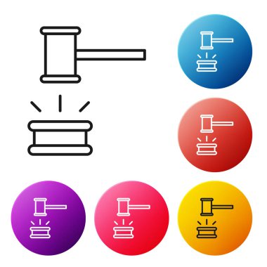 Siyah çizgi Yargıç Tokmak ikonu beyaz arka planda izole edildi. Gavel cezaların, faturaların, mahkemenin, adaletin hükmünü verecek. Açık arttırma çekici. Renkli daire düğmelerini ayarlayın. Vektör İllüstrasyonu
