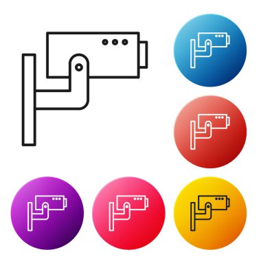 Siyah çizgi güvenlik kamerası simgesi beyaz arkaplanda izole edildi. Renkli daire düğmelerini ayarlayın. Vektör İllüstrasyonu