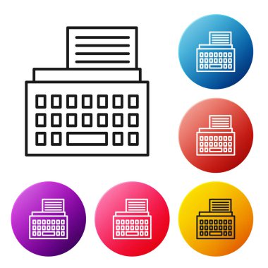 Siyah çizgi Retro daktilo ve kağıt sayfa simgesi beyaz arkaplanda izole edildi. Renkli daire düğmelerini ayarlayın. Vektör İllüstrasyonu