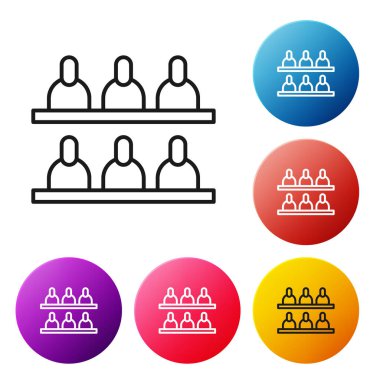 Siyah çizgi jüri simgesi beyaz arkaplanda izole edildi. Renkli daire düğmelerini ayarlayın. Vektör İllüstrasyonu