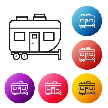 Siyah çizgi Rv Kamp karavanı simgesi beyaz arkaplanda izole edildi. Gezici ev, karavan, yolculuk için ev karavanı. Renkli daire düğmelerini ayarlayın. Vektör İllüstrasyonu