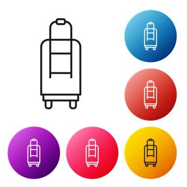 Seyahat simgesi için siyah bavul beyaz arkaplanda izole edildi. Seyahat bagaj tabelası. Seyahat bagaj ikonu. Renkli daire düğmelerini ayarlayın. Vektör İllüstrasyonu