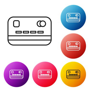 Siyah çizgi Kredi kartı simgesi beyaz arka planda yalıtılmış. Online ödeme. Nakit para çekme. Finansal operasyonlar. Alışveriş tabelası. Simgeleri renkli daire düğmeleri ayarlayın. Vektör İllüstrasyonu