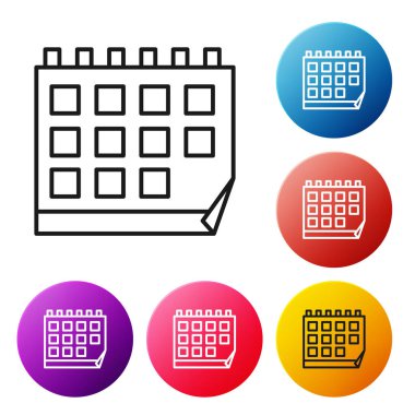 Beyaz arka planda yalıtılmış siyah çizgi Takvim simgesi. Olay hatırlatıcı sembolü. Simgeleri renkli daire düğmeleri ayarlayın. Vektör İllüstrasyonu