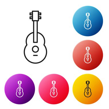 Beyaz arka planda siyah çizgi gitar ikonu izole edildi. Akustik gitar. Telli müzik aleti. Renkli daire düğmelerini ayarlayın. Vektör İllüstrasyonu