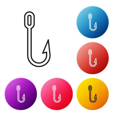 Siyah çizgili olta kancası simgesi beyaz arkaplanda izole edildi. Balık oltası. Renkli daire düğmelerini ayarlayın. Vektör İllüstrasyonu