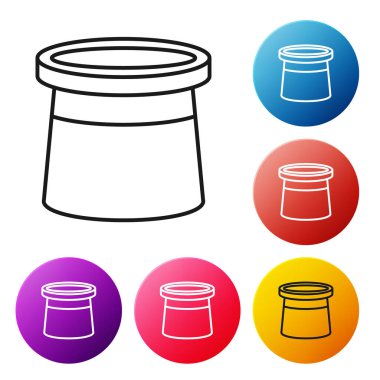 Siyah çizgi sihirbaz şapkası simgesi beyaz arkaplanda izole edildi. Sihir numarası. Gizemli eğlence konsepti. Renkli daire düğmelerini ayarlayın. Vektör İllüstrasyonu