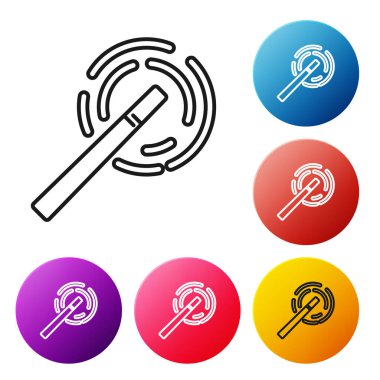 Siyah çizgi Magic değnek simgesi beyaz arka plan üzerinde izole. Yıldız şekli sihirli aksesuar. Sihirli güç. Simgeleri renkli daire düğmeleri ayarlayın. Vektör İllüstrasyonu