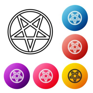 Beyaz arkaplanda izole edilmiş bir daire simgesinde siyah çizgi pentagramı. Sihirli okült yıldız sembolü. Renkli daire düğmelerini ayarlayın. Vektör İllüstrasyonu