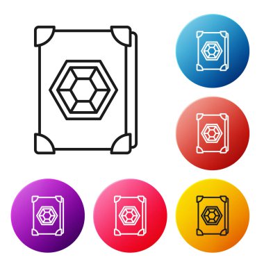 Siyah çizgi üzerinde simya tarifleri, mistik büyüler ve beyaz arka planda izole edilmiş büyü simgeleri olan Eskiler 'in sihirli kitabı. Renkli daire düğmelerini ayarlayın. Vektör İllüstrasyonu