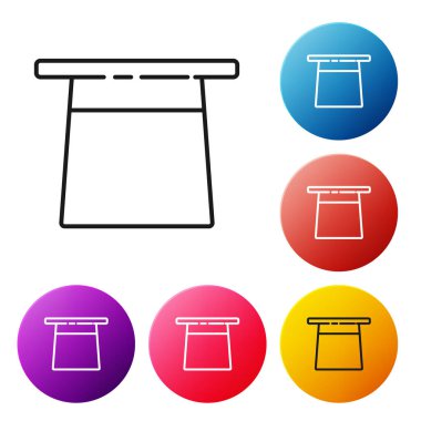 Siyah çizgi sihirbaz şapkası simgesi beyaz arkaplanda izole edildi. Sihir numarası. Gizemli eğlence konsepti. Renkli daire düğmelerini ayarlayın. Vektör İllüstrasyonu