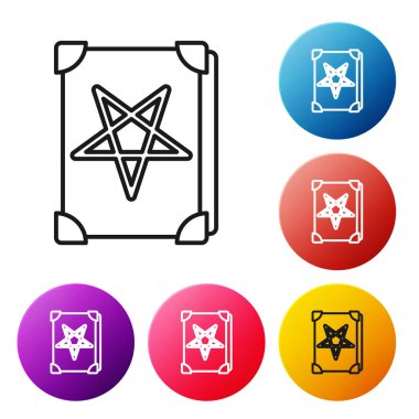 Siyah çizgi üzerinde simya tarifleri, mistik büyüler ve beyaz arka planda izole edilmiş büyü simgeleri olan Eskiler 'in sihirli kitabı. Renkli daire düğmelerini ayarlayın. Vektör İllüstrasyonu