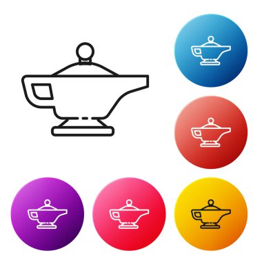 Siyah çizgi sihirli lamba ya da Aladdin lamba ikonu beyaz arka planda izole. Dilek için ruhani lamba. Renkli daire düğmelerini ayarlayın. Vektör İllüstrasyonu