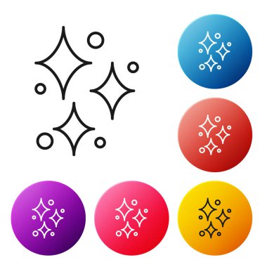 Beyaz arkaplanda izole edilmiş sihirli simli simgeli siyah çizgi yıldızları. Sihirli noel süsü. Renkli daire düğmelerini ayarlayın. Vektör İllüstrasyonu