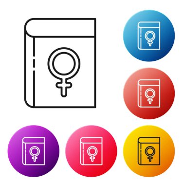 Beyaz arka planda izole edilmiş kadın simgesi hakkındaki siyah çizgi kitabı. 8 Mart. Uluslararası Mutlu Kadınlar Günü. Renkli daire düğmelerini ayarlayın. Vektör İllüstrasyonu