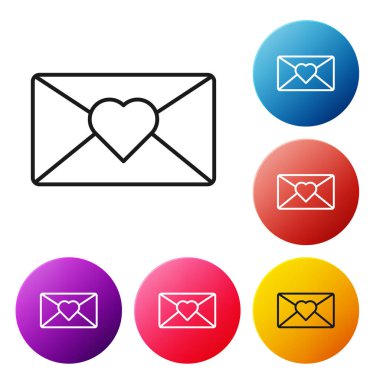 Beyaz zemin üzerinde 8 Mart simgesi bulunan siyah çizgi Zarfı. Mesaj aşkım. Aşk ve romantizm mektubu. Uluslararası Mutlu Kadınlar Günü. Renkli daire düğmelerini ayarlayın. Vektör İllüstrasyonu