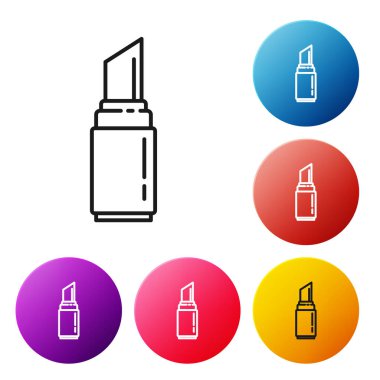 Siyah çizgi ruj simgesi beyaz arkaplanda izole edildi. 8 Mart. Uluslararası Mutlu Kadınlar Günü. Renkli daire düğmelerini ayarlayın. Vektör İllüstrasyonu