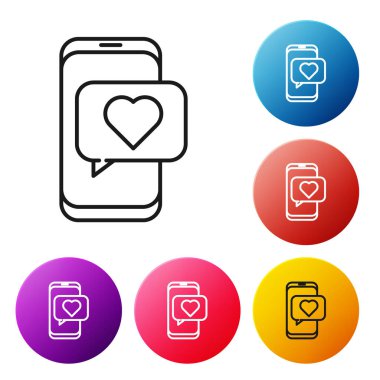 Siyah Satır Online randevu uygulaması ve sohbet simgesi beyaz arkaplanda izole edildi. Uluslararası Mutlu Kadınlar Günü. Renkli daire düğmelerini ayarlayın. Vektör İllüstrasyonu