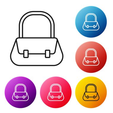 Beyaz arkaplanda siyah çizgi el çantası simgesi izole edildi. Kadın el çantası işareti. Glamour günlük bagaj sembolü. Renkli daire düğmelerini ayarlayın. Vektör İllüstrasyonu