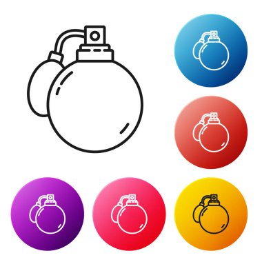 Beyaz arkaplanda siyah çizgi parfüm ikonu izole edildi. 8 Mart. Uluslararası Mutlu Kadınlar Günü. Renkli daire düğmelerini ayarlayın. Vektör İllüstrasyonu