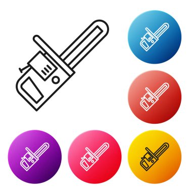 Siyah çizgi testeresi simgesi beyaz arkaplanda izole edildi. Renkli daire düğmelerini ayarlayın. Vektör İllüstrasyonu